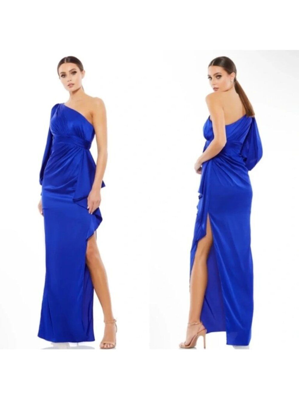 Mac Duggal Women's One Cold Shoulder Bishop Sleeve Satin Gown Dress Size 6
